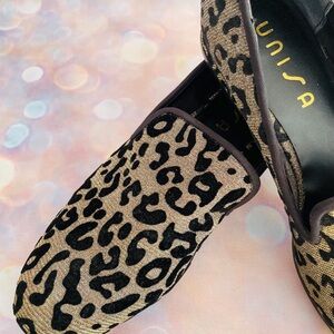 Unisa Leopard Print Loafers iridescent gold shimmer